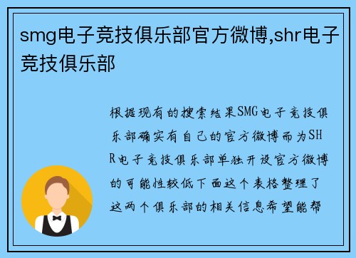 smg电子竞技俱乐部官方微博,shr电子竞技俱乐部